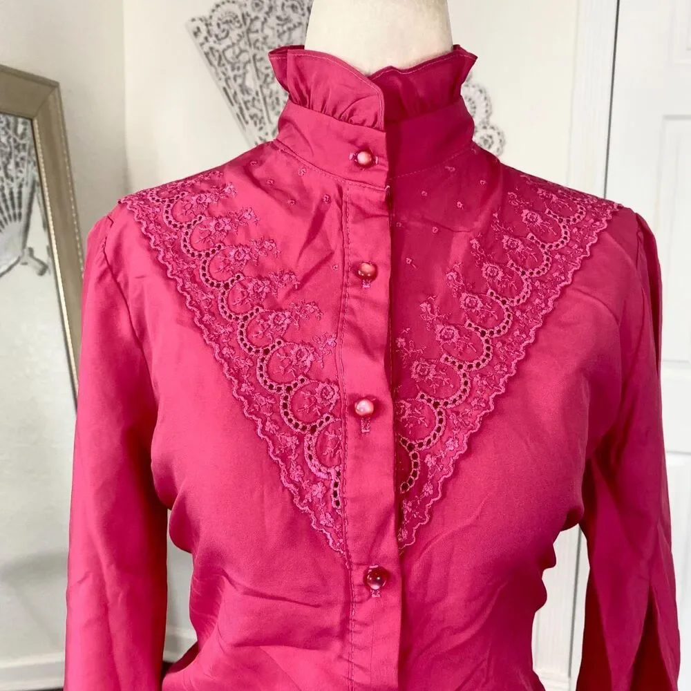 Vintage Pink Cottage Core Prairie High Neck Lace Button Up Blouse M / 10 - Picture 2 of 7